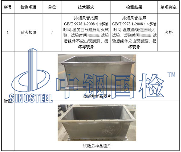 排煙風管耐火極限檢測結(jié)果